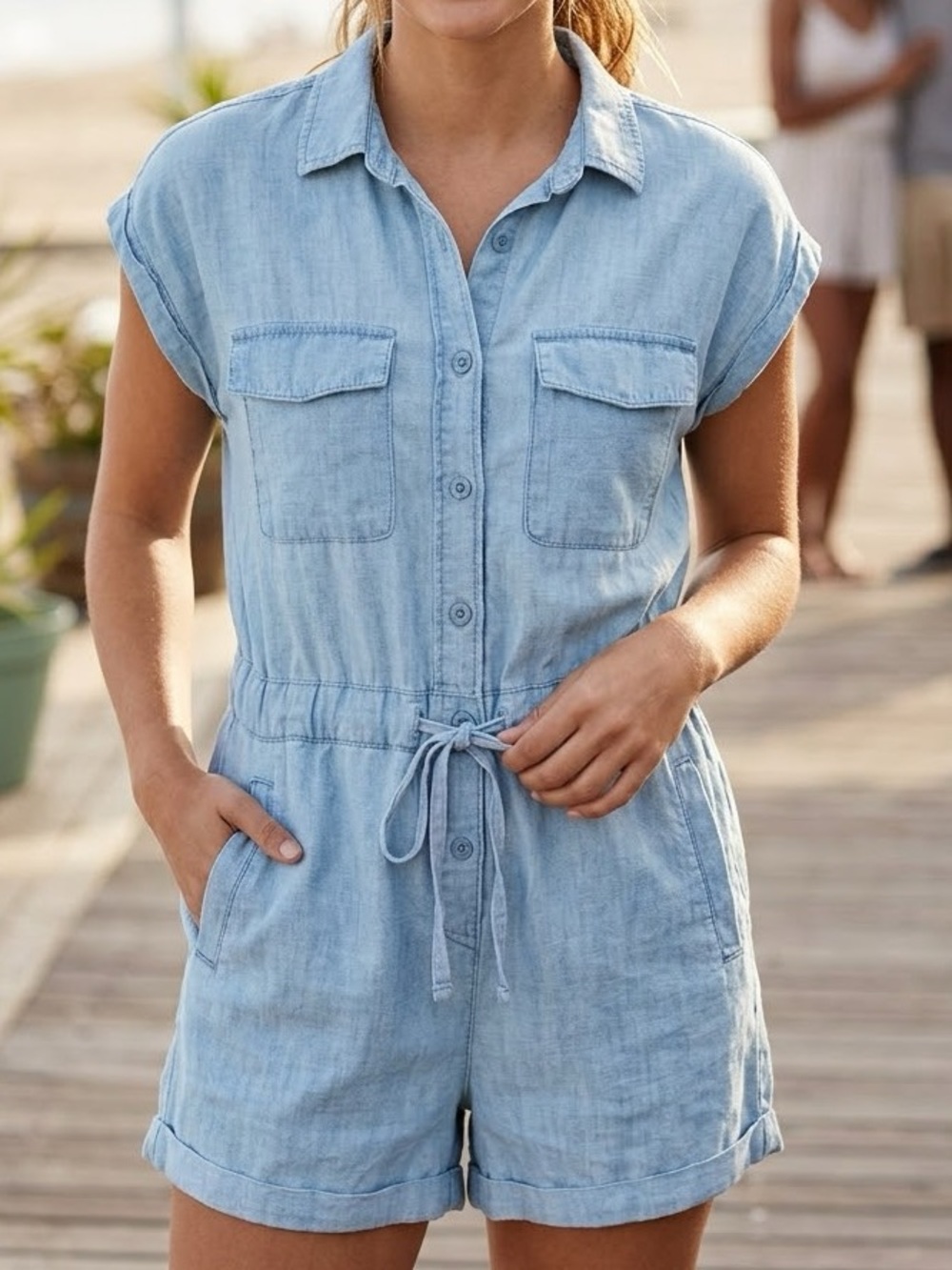 NWOT Billy T Short Sleeve Button Down Denim Romper Drawstring Waist Size Small